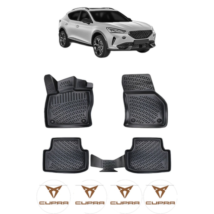 Set covorase presuri CUPRA FORMENTOR din 2020, auto, CRI-FLO, din cauciuc thermoplastic, 4 Stickere auto cu CUPRA