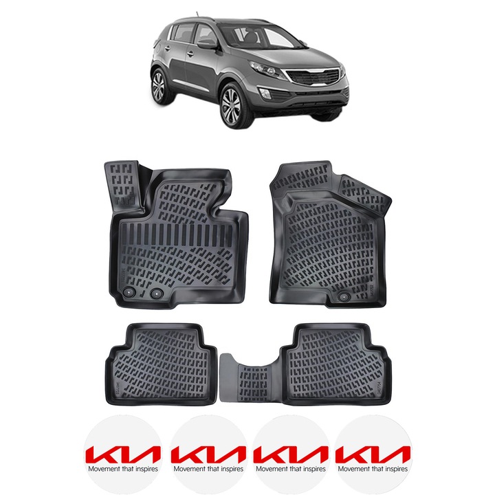 Set covorase presuri KIA SPORTAGE III din 2010-2015, auto, CRI-FLO, din cauciuc thermoplastic, 4 Stickere auto cu KIA