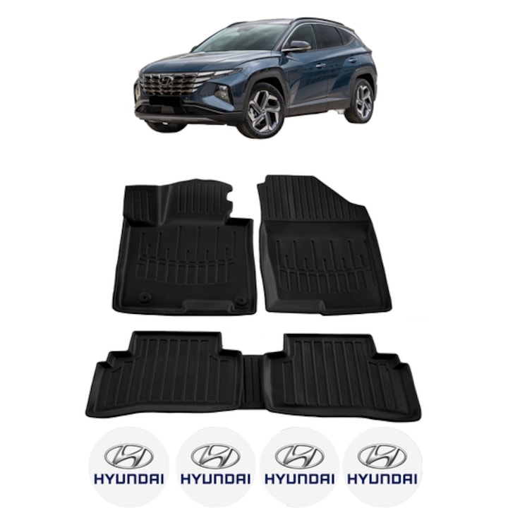Set covorase auto CRI-FLO, pentru HYUNDAI TUCSON NX4 2021, cauciuc termoplastic, negru, 5 piese, 4 Stickere auto