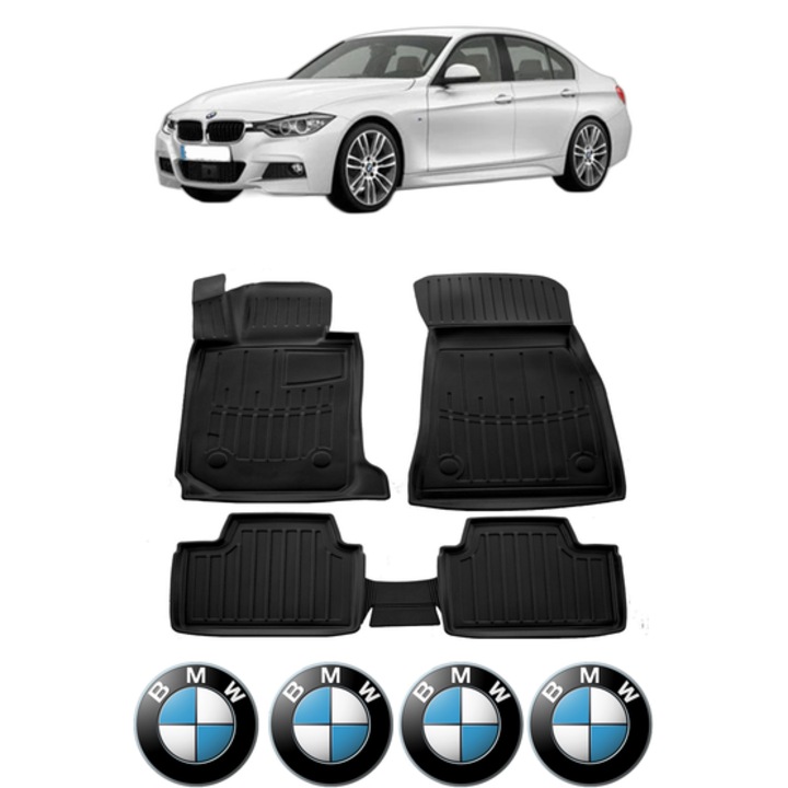 Set covorase presuri BMW Seria 3 F30 din 2011-2019, auto, CRI-FLO, din cauciuc thermoplastic, 4 Stickere auto cu BMW Seria
