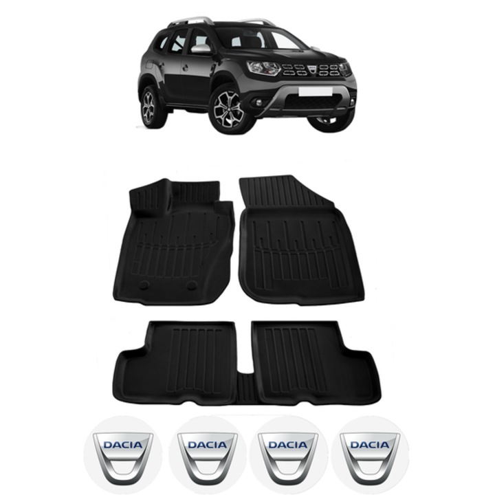 Set covorase presuri DACIA DUSTER 4WD din 2010-2014, auto, CRI-FLO, din cauciuc thermoplastic, 4 Stickere auto cu DACIA