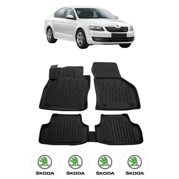 Set covorase presuri SKODA OCTAVIA III A7 din 2013-2020, auto, CRI-FLO, din cauciuc thermoplastic, 4 Stickere auto cu SKODA