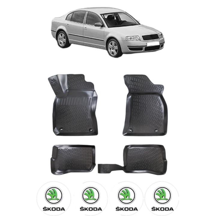 Set covorase presuri SKODA SUPERB I B5 din 2001-2008, auto, CRI-FLO, din cauciuc thermoplastic, 4 Stickere auto cu SKODA