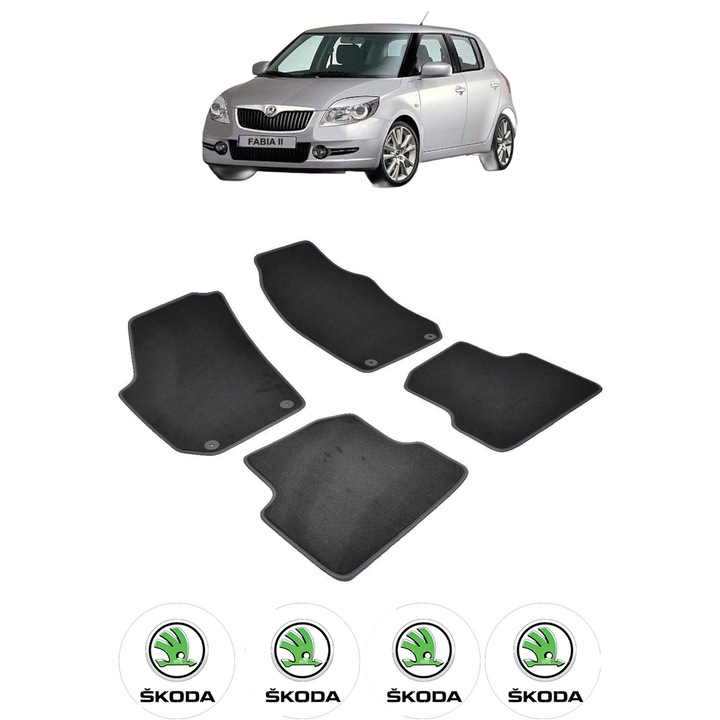Set covorase presuri SKODA FABIA II2007-2014 din 2007-2014, auto, CRI-FLO, din cauciuc thermoplastic, 4 Stickere auto cu SKODA