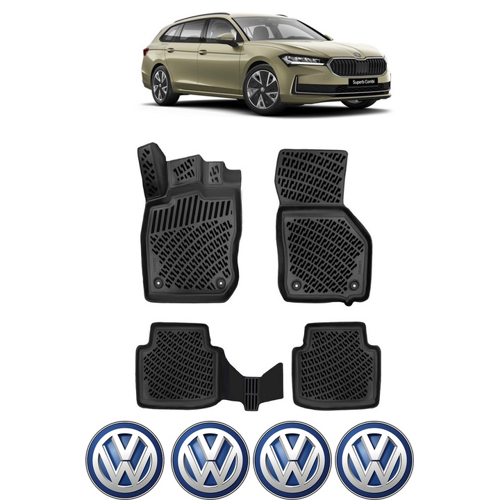 Set covorase presuri SKODA SUPERB IV B9 3Y din 2023, auto, CRI-FLO, din cauciuc thermoplastic, 4 Stickere auto cu SKODA