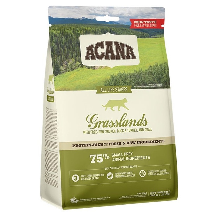 Hrana uscata pisici Acana Grasslands, 2x340g, cu carne proaspata de rata si pui, fara cereale