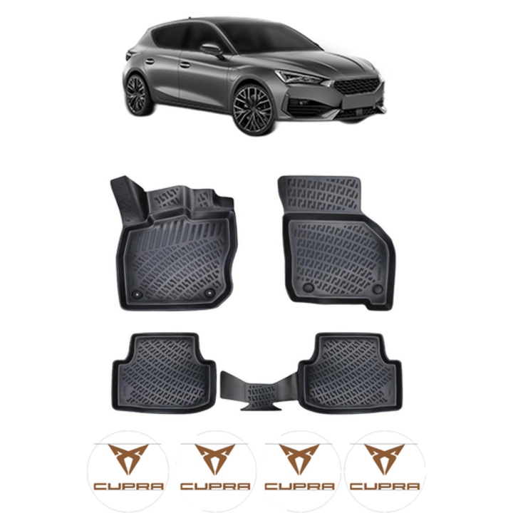 Set covorase presuri CUPRA LEON AUTOMATIC din 2023, auto, CRI-FLO, din cauciuc thermoplastic, 4 Stickere auto cu CUPRA