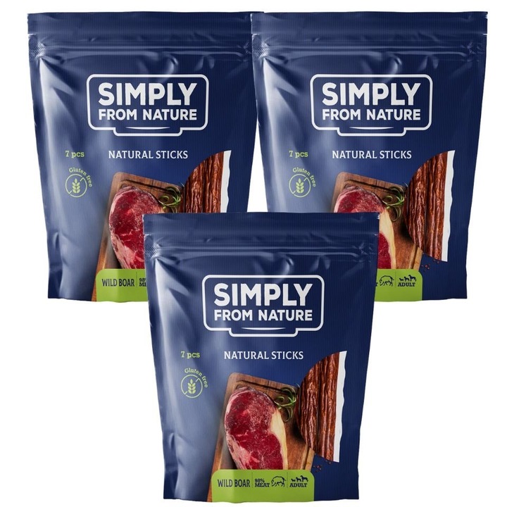 Batoane pentru câini Simply from Nature, 98% carne de mistreț, 25, 8% proteine, set 3 x 7 buc, 14cm
