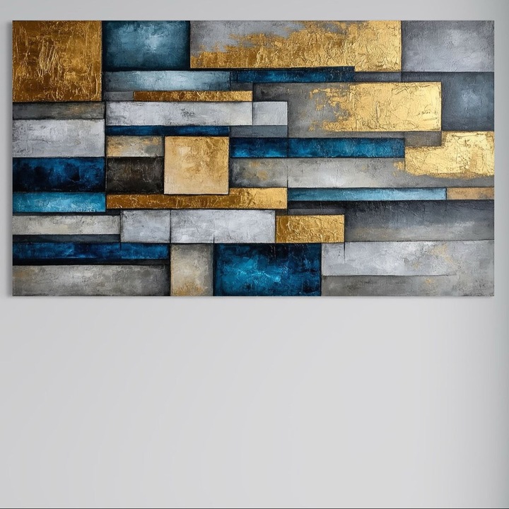 Tablou Canvas Premium, LuxCanva® C1285, Aur printre ziduri, 40 X 70 CM, Panza Bumbac 100% 400g/m2, Sasiu, Lemn, Geometrie, Culori, Abstract, Auriu, Albastru, Linii, Straturi, Constructie, Profunzime, Minimalist, Modernism, Birou, Living, Dormitor