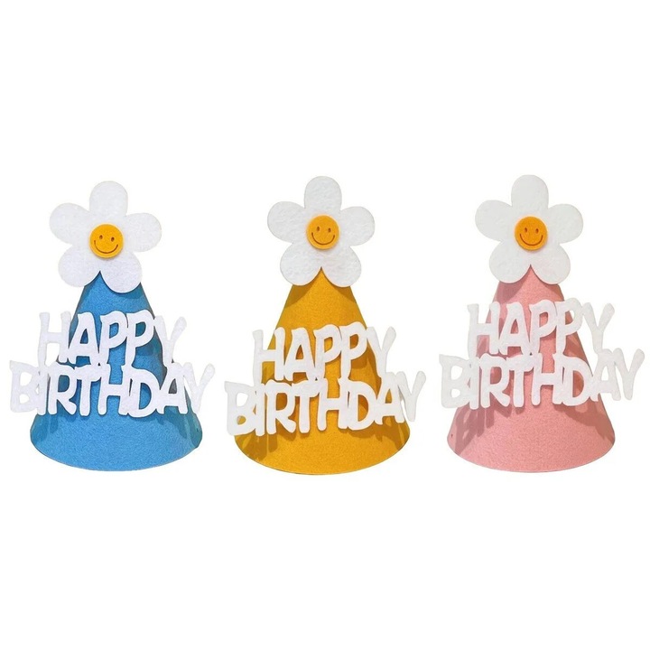 Set 3 Coifuri Happy Birthday, pentru Petrecere, Tematica Aniversare, cu Floare din Spuma, Multico