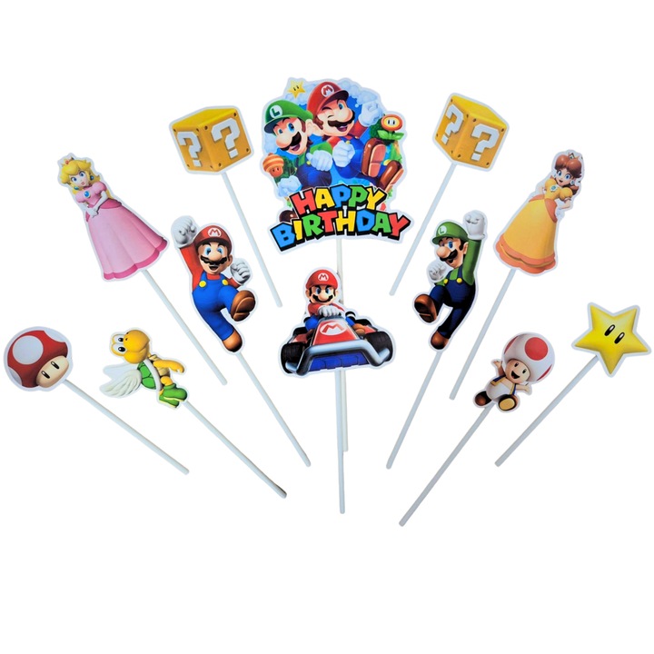 Torta díszítő topper kartonból, Mario témájú, születésnapi - 12 darab