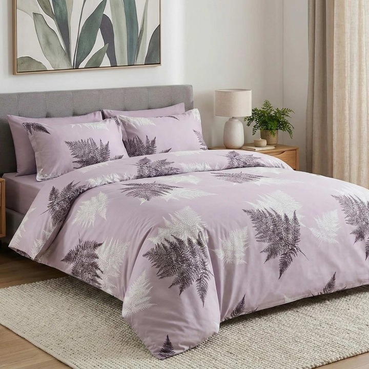 Paplanhuzat 220x240 cm + 2 párnahuzat 52x72 cm, 100% szatén pamut, 3 részes szett, Lila páfrányok