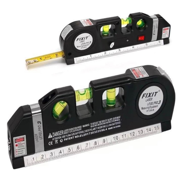 Nivela Laser multifunctionala cu boloboc si ruleta, 3 moduri, rigla 15cm, banda de masurare 2.5m, multicolor