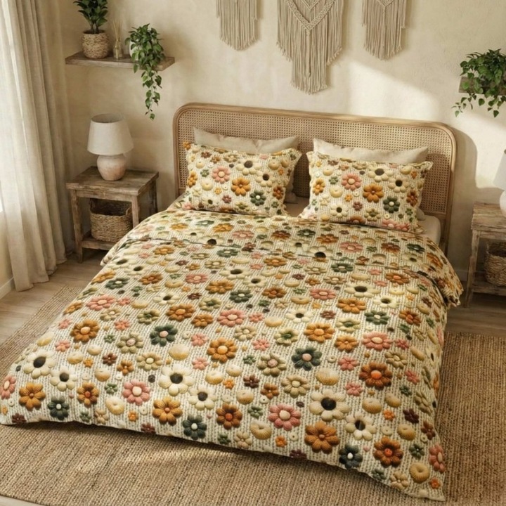 Dupla ágynemű, 100% pamut szatén, lepedő 240x270 cm, paplanhuzat 220x240, 4 részes, Különleges Ágyneműk, Boho