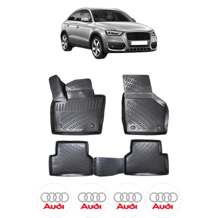Set covorase presuri AUDI Q3 I 8U din 2011-2018, auto, CRI-FLO, din cauciuc thermoplastic, 4 Stickere auto cu AUDI