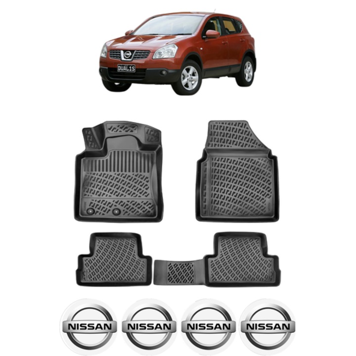 Set covorase presuri NISSAN QASHQAI I J10 din 2006-2013, auto, CRI-FLO, din cauciuc thermoplastic, 4 Stickere auto cu NISSAN