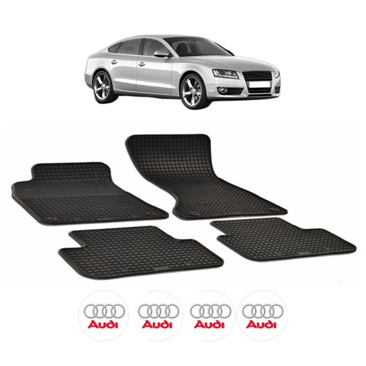 Set covorase presuri AUDI A5 Sportback din 2009-2016, auto, CRI-FLO, din cauciuc thermoplastic, 4 Stickere auto cu AUDI