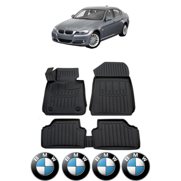 Set covorase presuri BMW Seria 3 E90 din 2004-2013, auto, CRI-FLO, din cauciuc thermoplastic, 4 Stickere auto cu BMW Seria