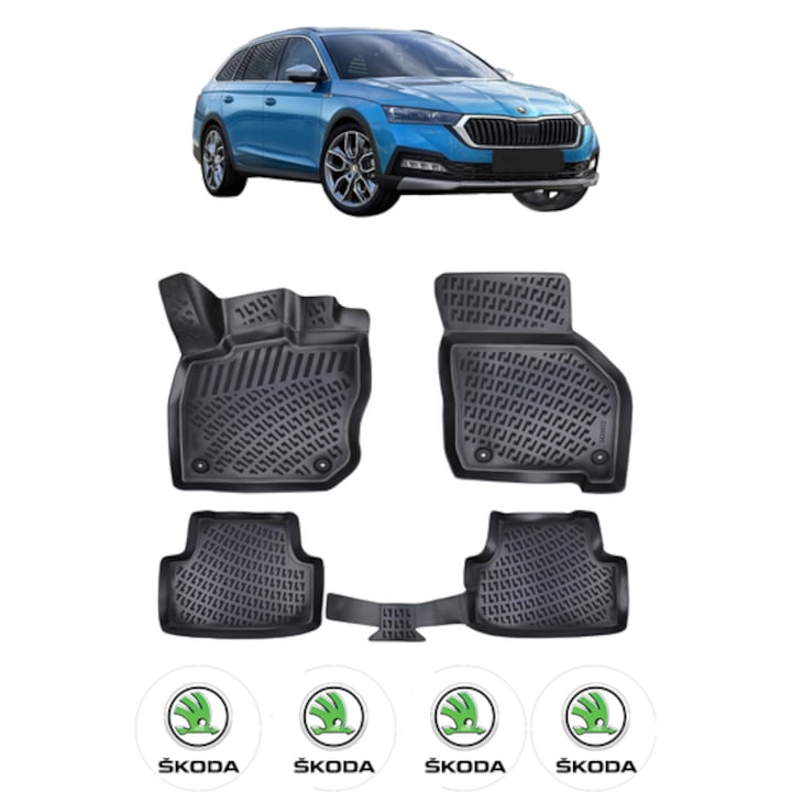 Set covorase presuri SKODA OCTAVIA IV din 2020, auto, CRI-FLO, din cauciuc thermoplastic, 4 Stickere auto cu SKODA