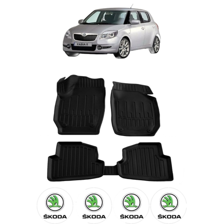 Set covorase presuri SKODA FABIA II 5J din 2007-2014, auto, CRI-FLO, din cauciuc thermoplastic, 4 Stickere auto cu SKODA