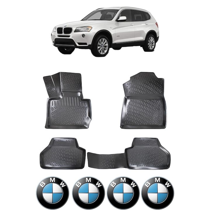 Set covorase presuri BMW Seria X3 F25 din 2011-2017, auto, CRI-FLO, din cauciuc thermoplastic, 4 Stickere auto cu BMW Seria