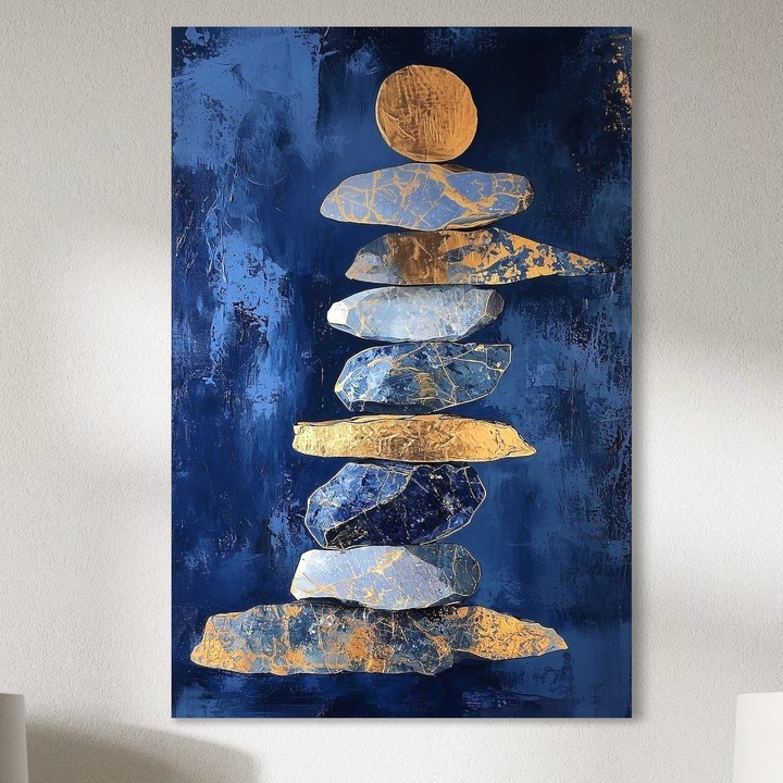 Tablou Canvas Premium, LuxCanva® C1290, Pietre care se roaga, 70 X 100 CM, Panza Bumbac 100% 400g/m2, Sasiu, Lemn, Geometrie, Culori, Abstract, Aur, Pietre, Statuie, Echilibru, Albastru, Zen, Sacru, Spiritual, Vertical, Meditatie, Birou, Living, Dormitor