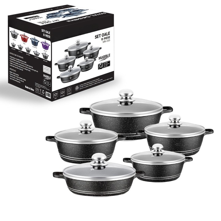Set Premium 10 Piese – Oale cu acoperire din marmura si capace din sticla semitransparenta, 5 dimensiuni pentru gatit versatil, Negru