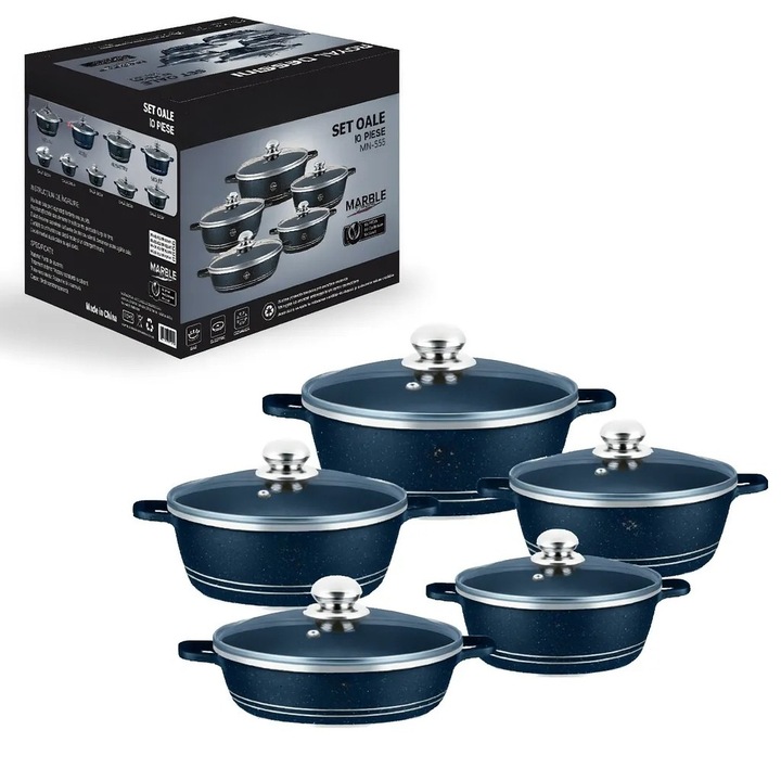 Set Premium 10 Oale Deliny, Acoperire Marmură, Capace Sticlă Semitransparentă, Albastru