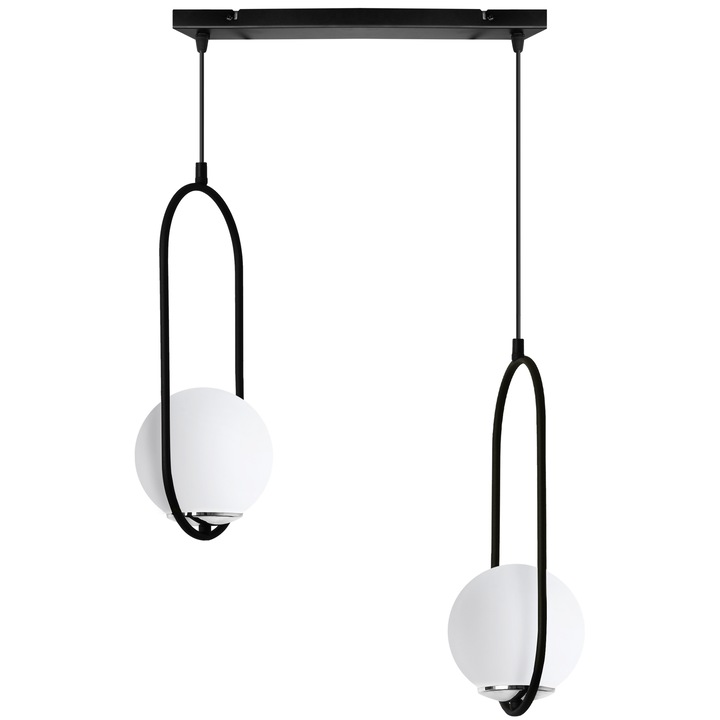 Lustra suspendată, Light Home, model Luna, 2 becuri, negru crom, abajur alb, diametru 15cm