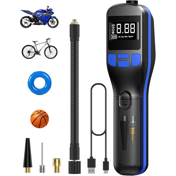 Compresor de Aer portabil 5 in 1, Behozel, Baterie 5000 mAh, Compresor 150 PSI, Mini Pompa pentru Biciclete si Toate Valvele, Afisaj LCD si Lumina LED