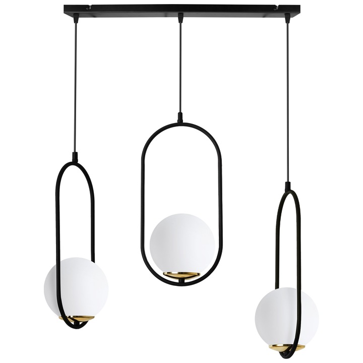 Lustra suspendată Light Home LUNA 3 becuri, abajur alb, negru-auriu, 15x15cm