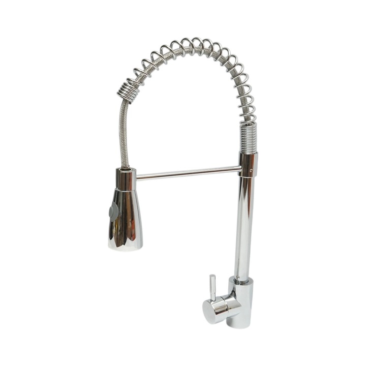 Konyhai mosogató csaptelep kihúzható zuhanyfejjel, rugalmas kifolyóval 2 funkcióval, fényes króm