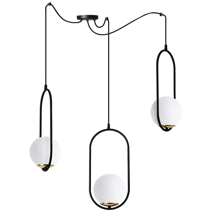 Lustra suspendată Light Home Luna, 3 becuri, negru/auriu, abajur alb, metal