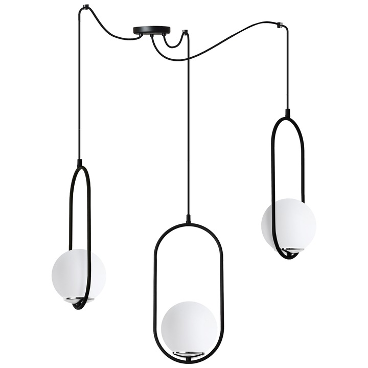 Lustra suspendată Light Home LUNA, 3 becuri E14, negru-crom, abajur alb, 15x15cm