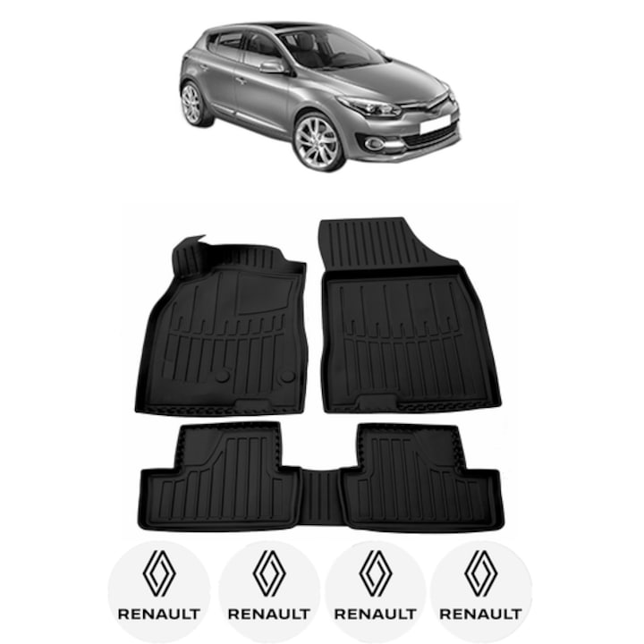 Set covorase presuri RENAULT MEGANE III HATCHBACK din 2008-2015, auto, CRI-FLO, din cauciuc thermoplastic, 4 Stickere auto cu RENAULT