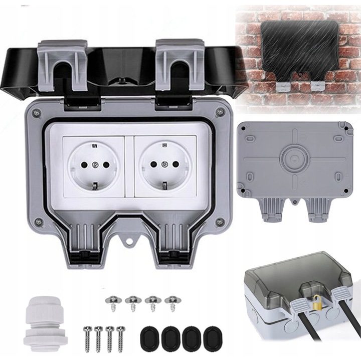 Priza impermeabila exterior, 2 orificii, Priza de gradina exterioara, IP66, De exterior, rezistenta la apa si praf, Gri/Alb, Cu accesorii de montaj Ideala pentru atelier, gradina si uz comercial.Cu capac de protectie