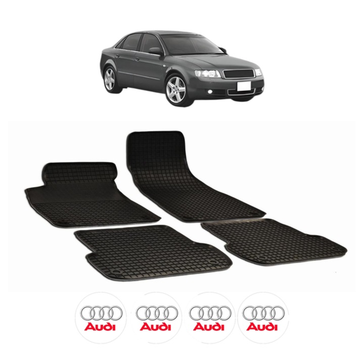 Set covorase presuri AUDI A4 B6 din 2000-2005, auto, CRI-FLO, din cauciuc thermoplastic, 4 Stickere auto cu AUDI