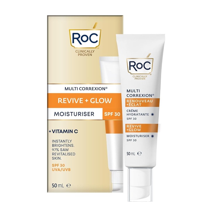 Crema de față hidratantă RoC Multi Correxion Revive + Glow, vitamina C 10%, SPF 30, 50 ml, pentru ten sensibil