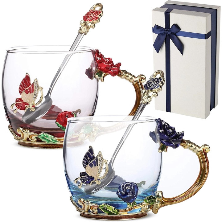 Set 2 cana cu lingurita Excitat, Sticla, Ceasca de ceai cu flori, 350 ml, Idei de cadouri de ziua de nastere, Craciun si Valentine's Day pentru femei, Multicolor