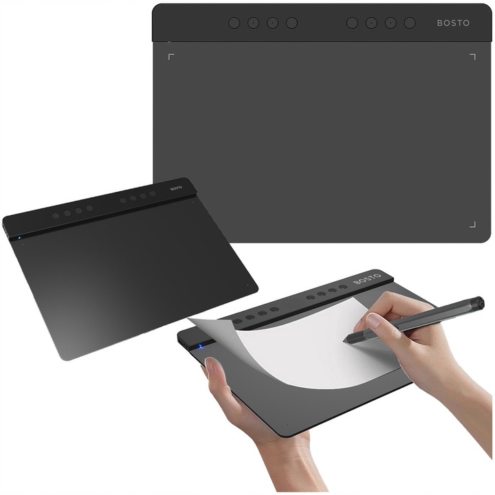 Tableta Grafica Cu Stylus, Bosto, T1060K, Panou Tactil 10 x 6 inch, Rezolutie 5080 LPI, Reactie 300 RPS, 16384 Niveluri Presiune, Ideala Pentru Desen Si Design, Dimensiuni 291 x 206 x 4 7 mm, Culoare Negru