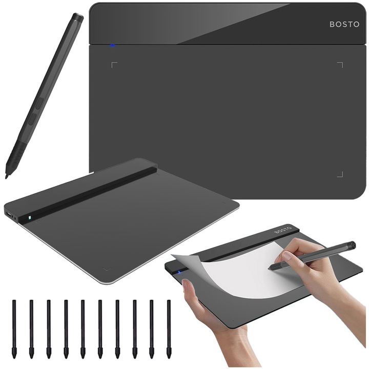 Tableta grafică Bosto T640, neagră, 215x163x4-8 mm, set cu stylus