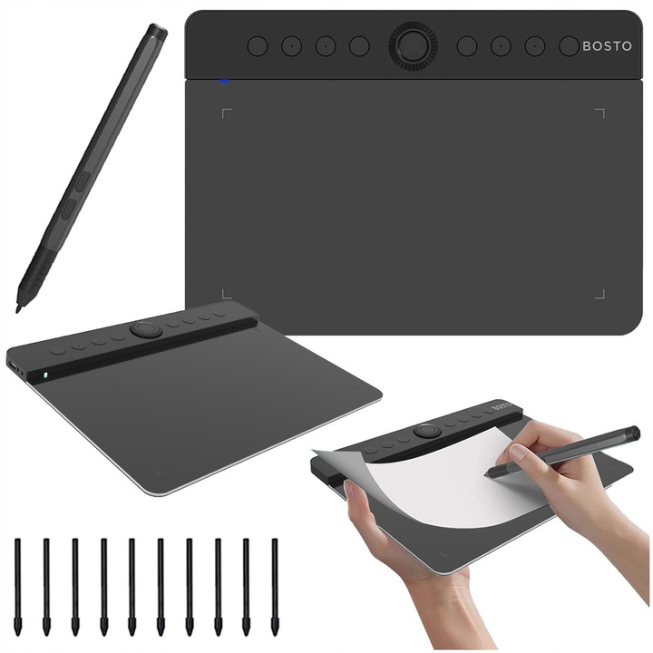 Set Tablet Grafic Cu Stylus, Bosto, T640KD, 215x163x4-8 mm, Zona Activa De Lucru 187x105 mm, Rezolutie De Intrare Tactila 5080 Lpi, Viteza De Actualizare A Pozitiei Stiloului 300 Rps, Niveluri De Presiune 16384 Lpi, Negru