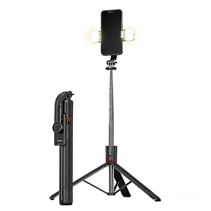 Селфи стик със статив, Gimble, дистанционно управление, asskanaer, с трицветни запълващи светлини, въртене на 360 градуса, 170 см разтегнат, Bluetooth 5.2, съвместим между 65-95 мм, ABS и неръждаема стомана, 3.6x3.7x 29.7 см, черен