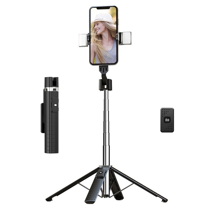 Селфи стик с трипод, Gimble, дистанционно управление, asskanaer, с трицветни запълващи светлини, въртене на 360 градуса, разтегнат до 170 см, Bluetooth 5.2, съвместим между 65-95 мм, ABS и неръждаема стомана, 3.6x3.7x 29.7 см, черен