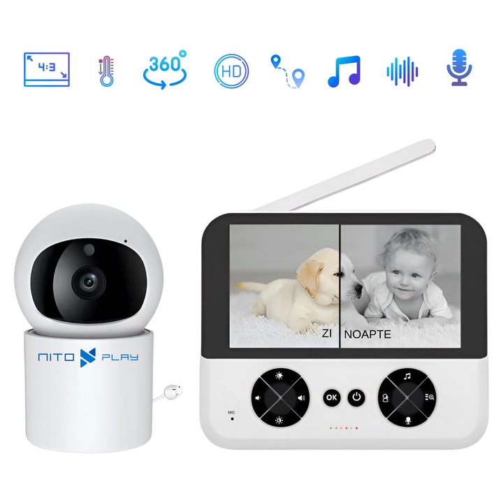 Camera Supraveghere Copii / Bebelusi Baby Monitor NITOPLAY® Smart C5, Ecran 4,3″, HD 720P, Monitorizare 360° cu Rotire Automata, Detectare Plans si Miscare, Alarma, Sunet Bidirectional cu Microfon si Boxa, Vedere Nocturna, Raza 150 m, Senzor Temperatura