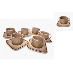Set 6 cesti si farfurioare ANGMAD – portelan premium 190ml, roz-auriu, pentru cafea si ceai, cesti elegante, farfurioare rafinate