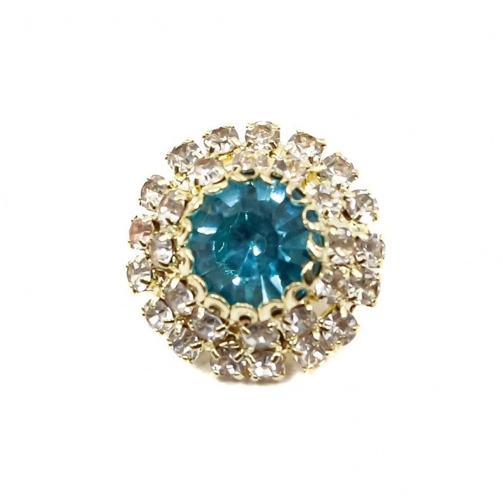 Set 10 nasturi metalici cu picior si strasuri, diametru 15 mm, turcoaz