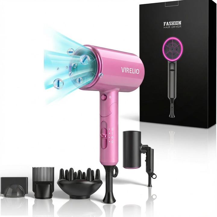 Virelio ® professzionális ionos hajszárító, gyors szárítás, mint a szalonban negatív ionokkal, 2 sebességfokozattal és 3 hőmérsékleti fokozattal, 2000W teljesítmény, 3 tartozék készlet, rózsaszín
