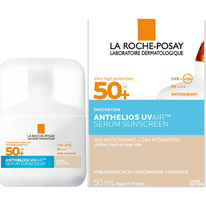Anthelios UVAir Serum Solar Cu Nuanta Deschisa Natural SPF 50+, Protectie Solara de Ultima Generatie Impotriva Radiatiilor UV si a Poluarii, 50ml, La Roche-Posay