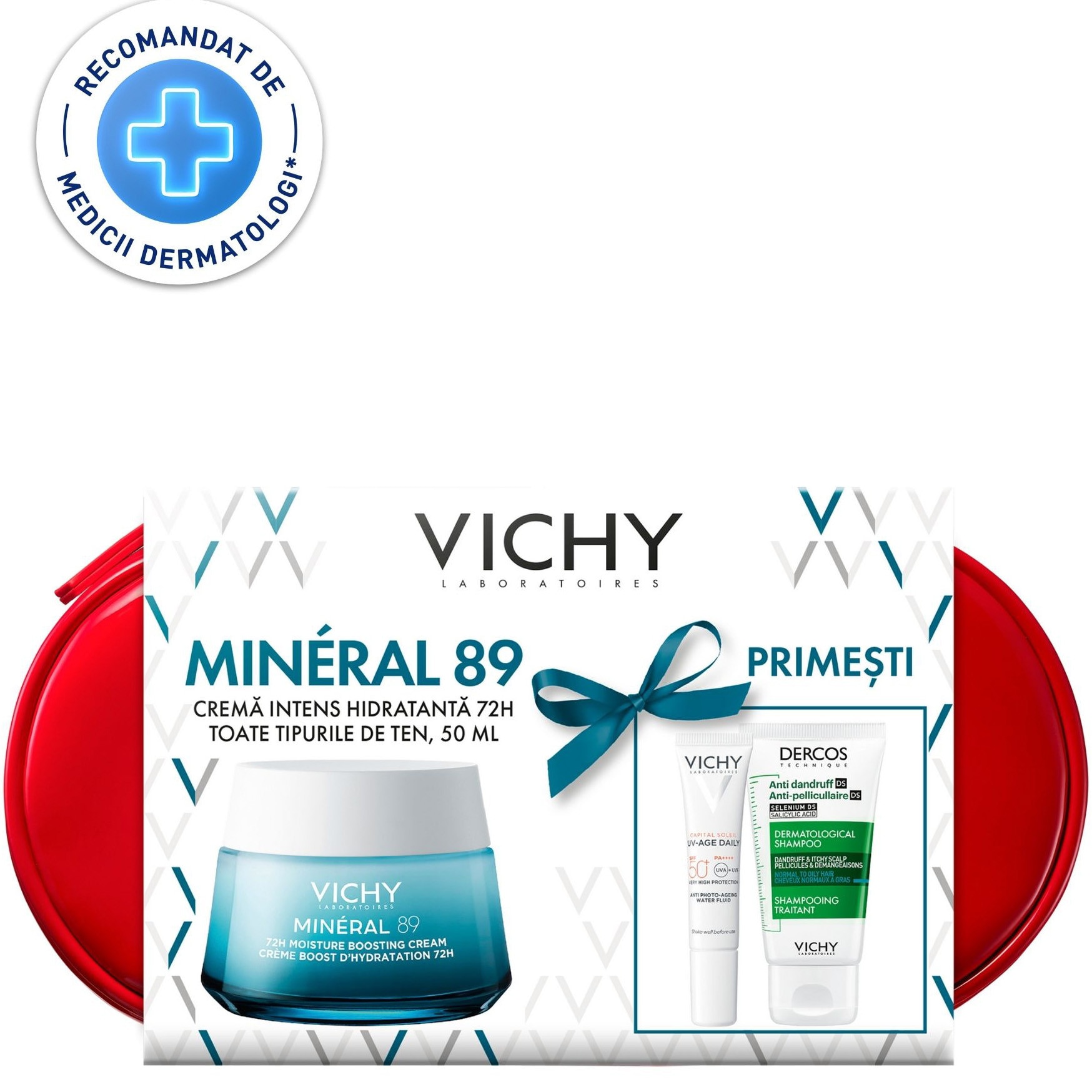 Vichy Trusa: Mineral 89 Legere Crema Intens Hidratanta 72H pentru Toate Tipurile de Ten, 50 ml + Șampon Tratament Anti-Matreața Dercos, 50 ml + Fluid Protector Capital Soleil UV-AG